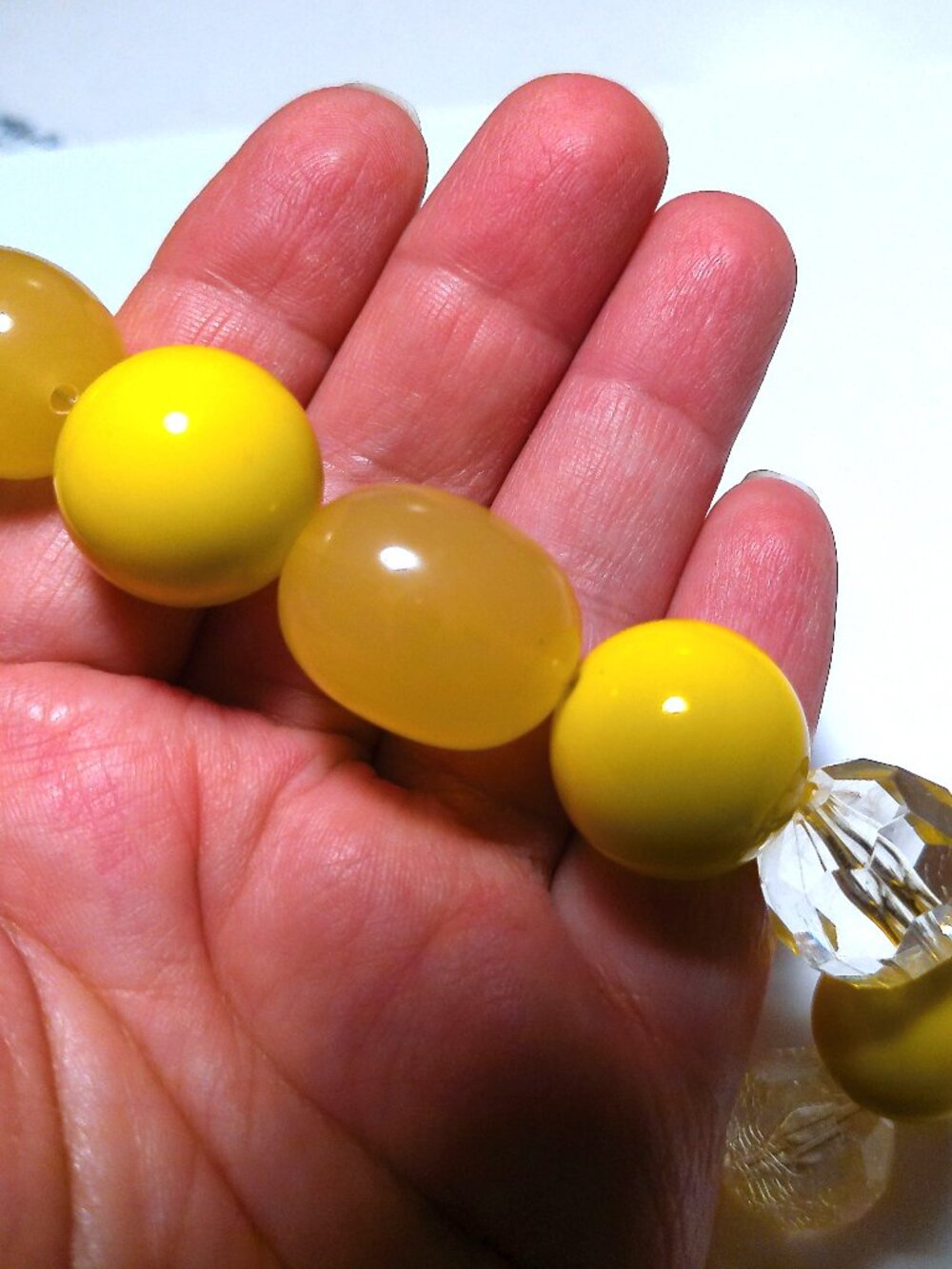 Vintage 1960s Yellow Plastic Bead Necklace 17" Clear Faceted Beads Retro Mod